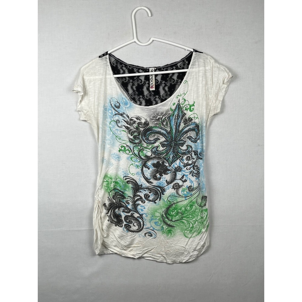 Ransom Graphic Top Womens Fleur De Lis Lace Back Short Sleeve White Blue Green